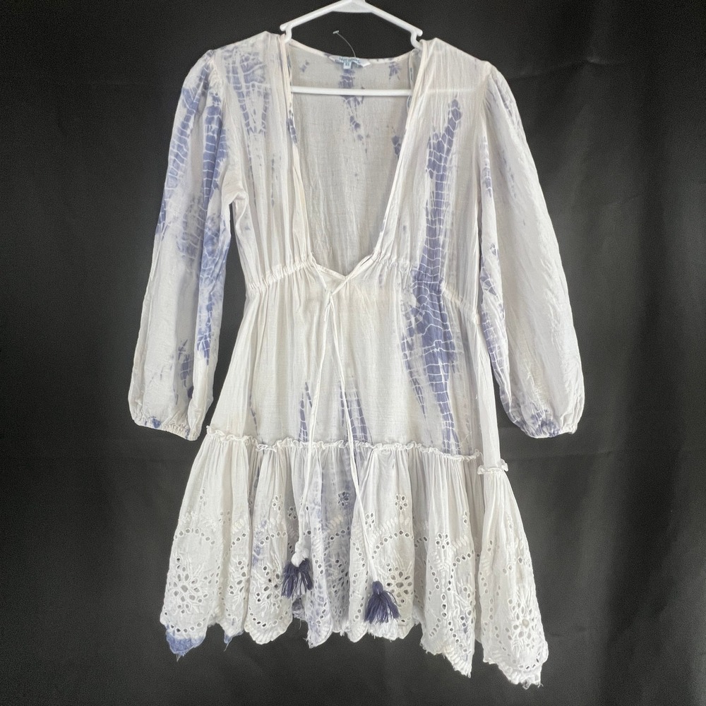 Blue Island Tie Dye Eyelet Mini Dress Womens XS White Blue Tassel Boho Beach - Picture 1 of 8